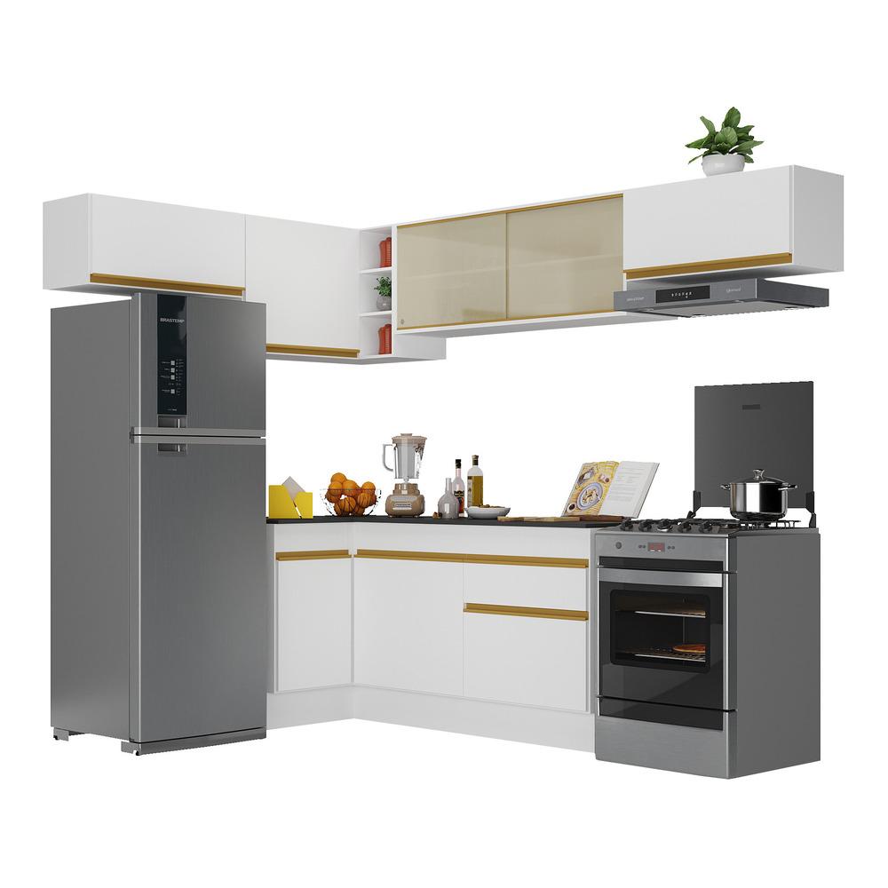 Armário de Cozinha Completa de Canto com Rodapé Veneza Multimóveis V2095  Branco/Dourado