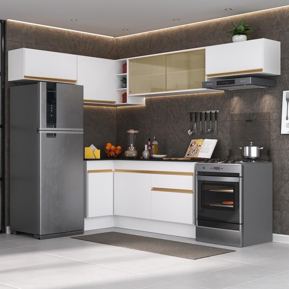 Armário de Cozinha Completa de Canto com Rodapé Veneza Multimóveis V2095  Branco/Dourado