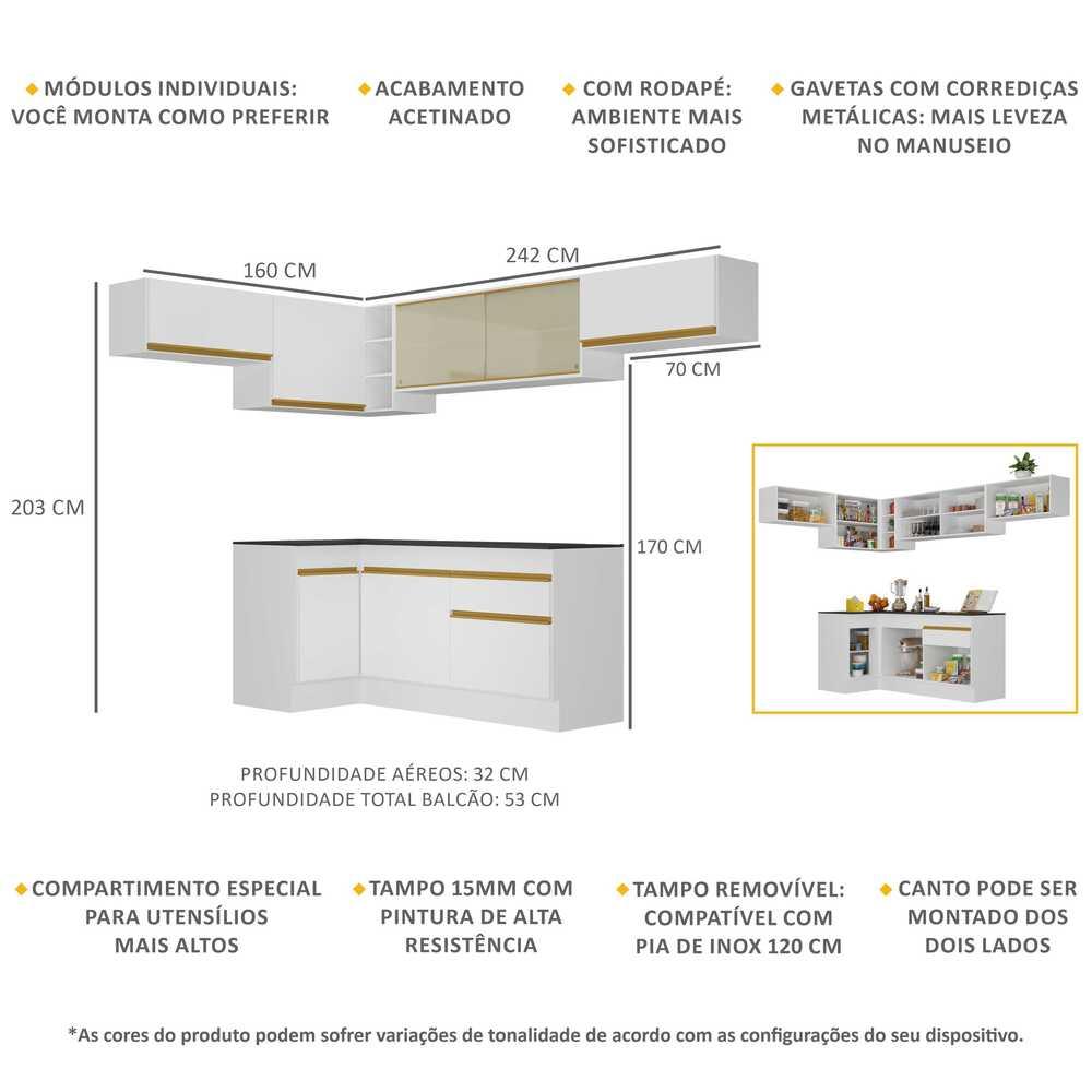 Armário de Cozinha Completa de Canto com Rodapé Veneza Multimóveis V2095  Branco/Dourado