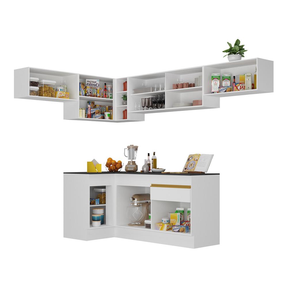 Armário de Cozinha Completa de Canto com Rodapé Veneza Multimóveis V2095  Branco/Dourado