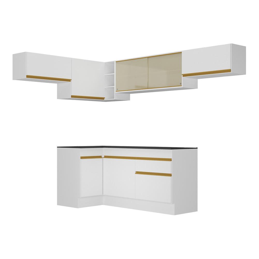 Armário de Cozinha Completa de Canto com Rodapé Veneza Multimóveis V2095  Branco/Dourado