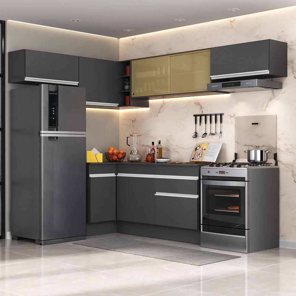 Armário de Cozinha Completa de Canto com Rodapé Veneza Multimóveis V2095  Preto/Branco