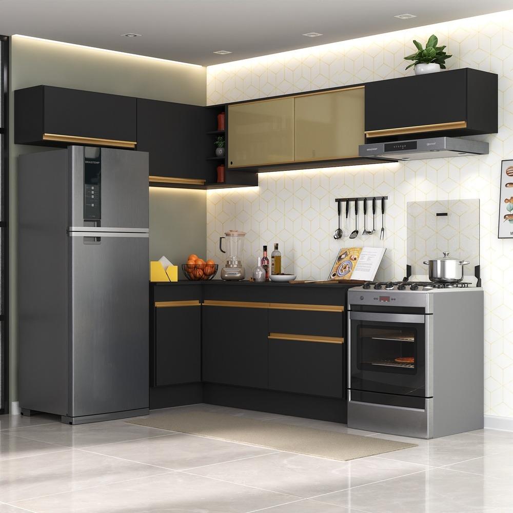 Armário de Cozinha Completa de Canto com Rodapé Veneza Multimóveis V2095  Preto/Dourado