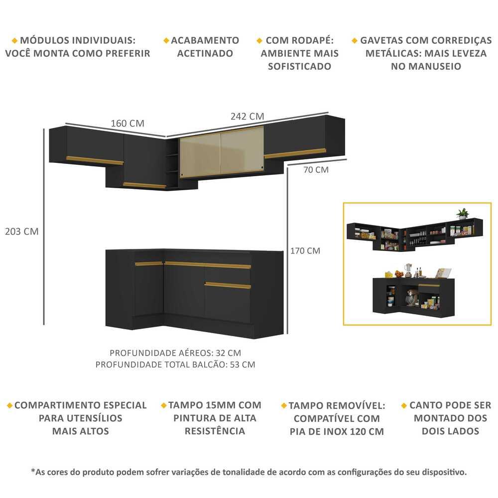 Armário de Cozinha Completa de Canto com Rodapé Veneza Multimóveis V2095  Preto/Dourado