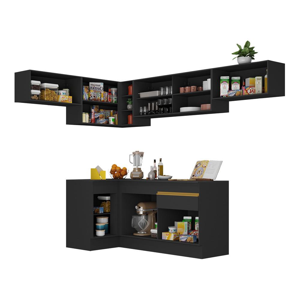Armário de Cozinha Completa de Canto com Rodapé Veneza Multimóveis V2095  Preto/Dourado