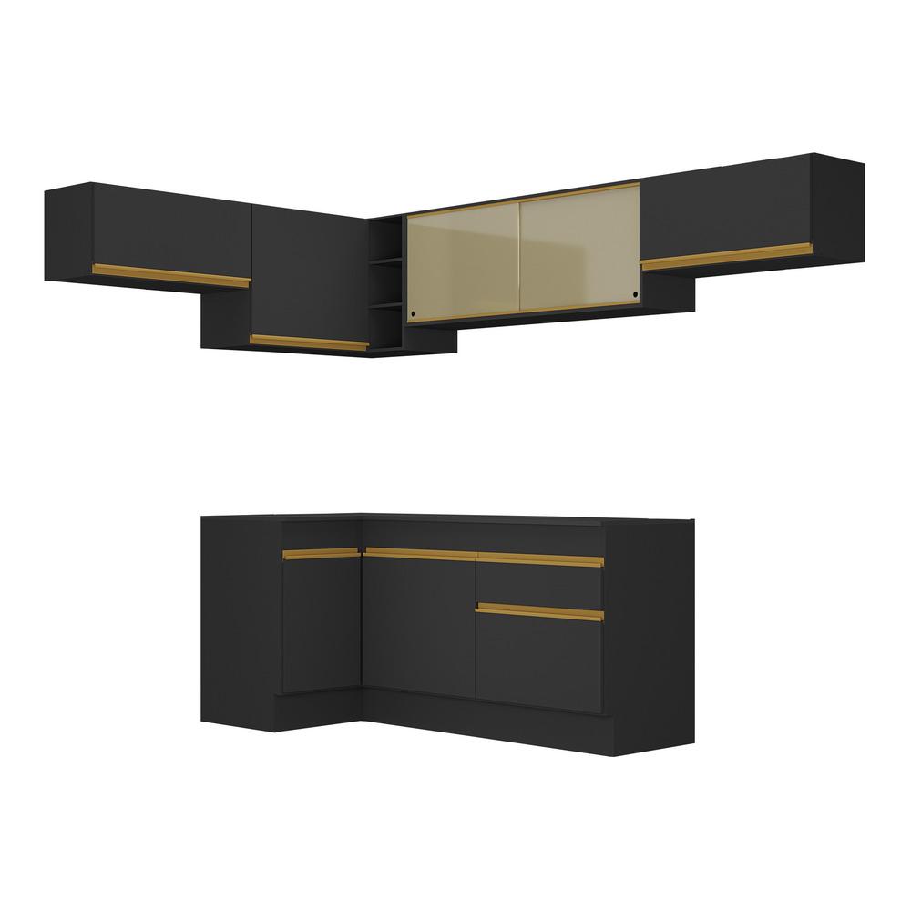 Armário de Cozinha Completa de Canto com Rodapé Veneza Multimóveis V2095  Preto/Dourado