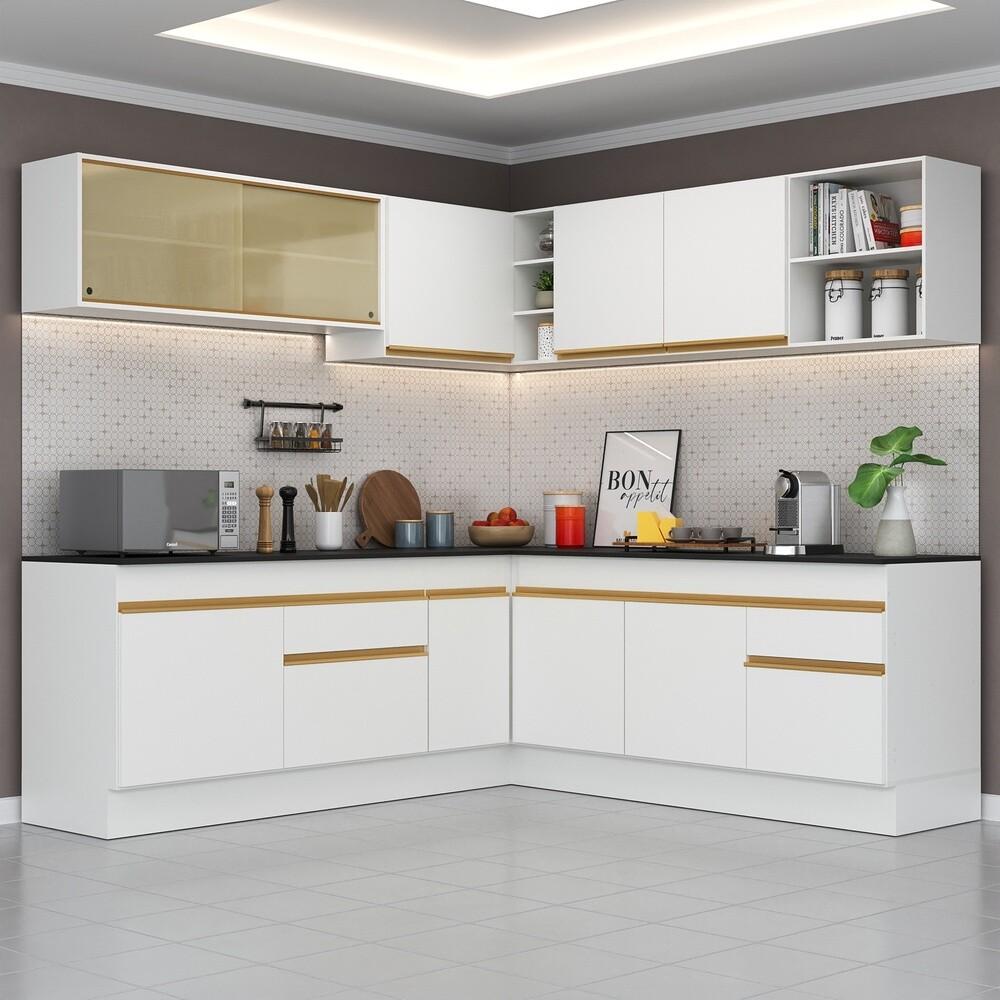 Armário de Cozinha Completa de Canto com Rodapé Veneza Multimóveis V2096  Branco/Dourado