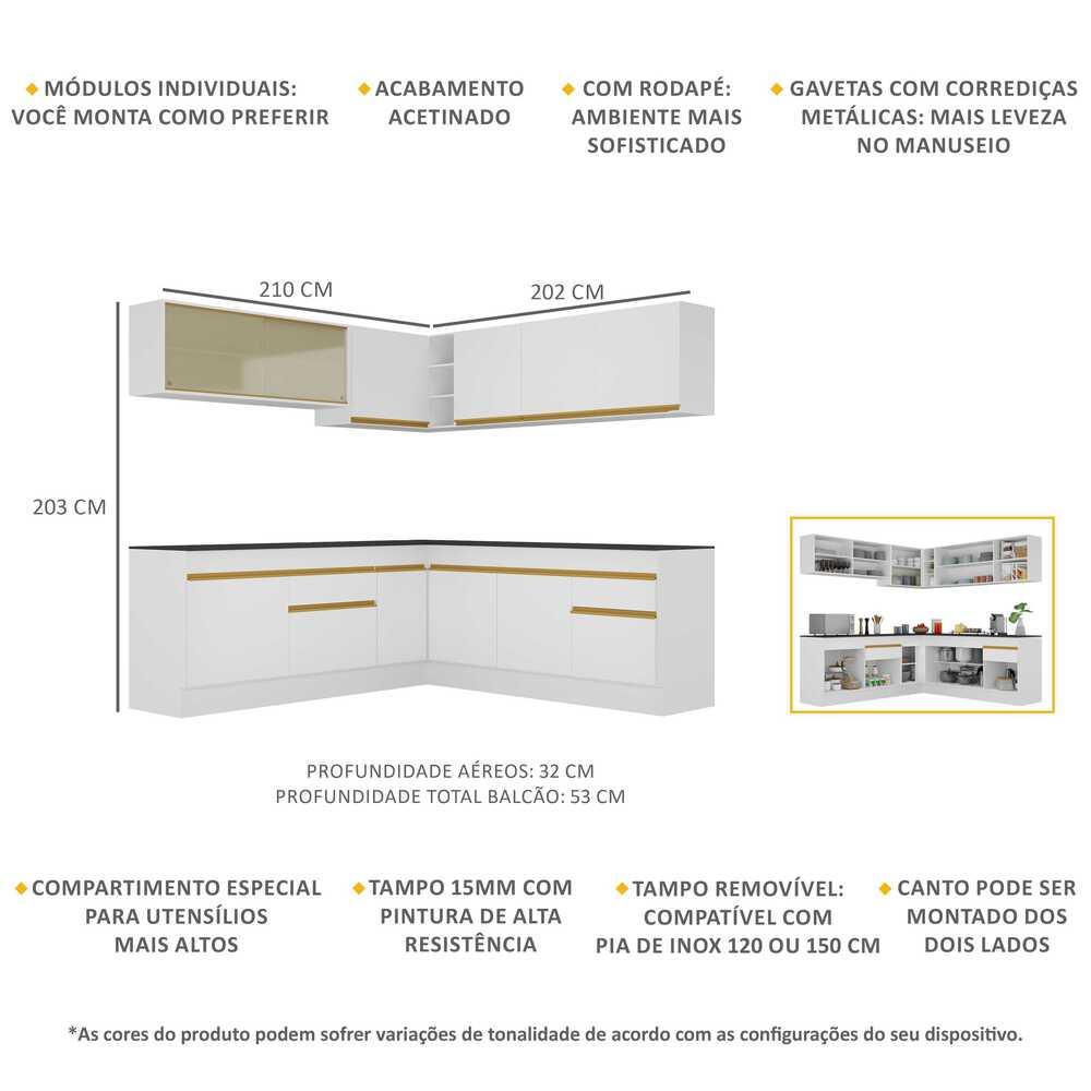 Armário de Cozinha Completa de Canto com Rodapé Veneza Multimóveis V2096  Branco/Dourado