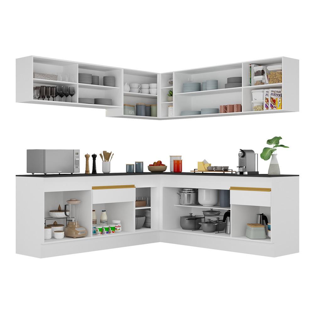 Armário de Cozinha Completa de Canto com Rodapé Veneza Multimóveis V2096  Branco/Dourado