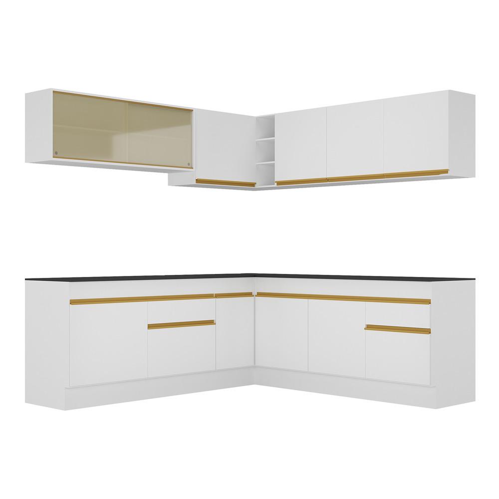 Armário de Cozinha Completa de Canto com Rodapé Veneza Multimóveis V2096  Branco/Dourado