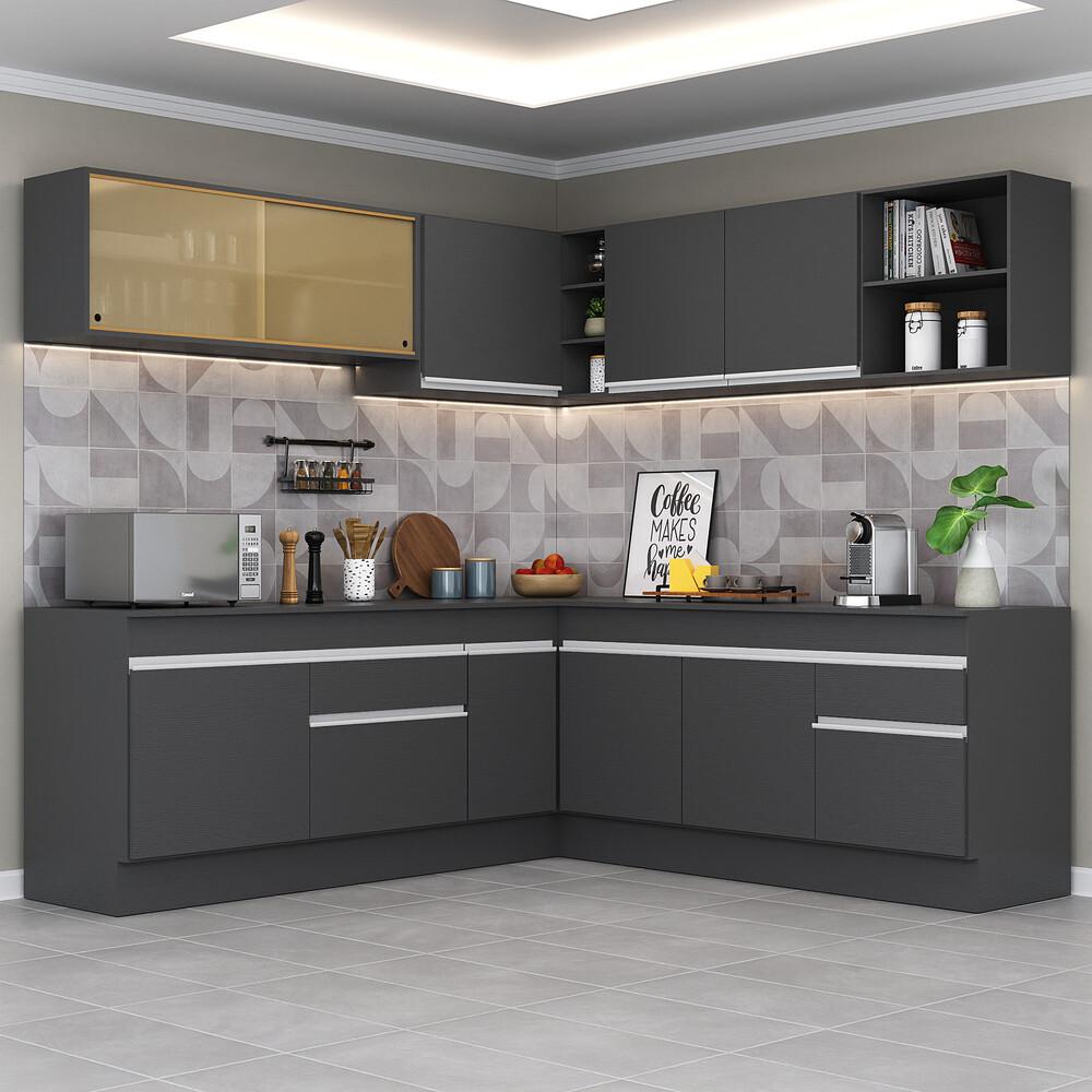 Armário de Cozinha Completa de Canto com Rodapé Veneza Multimóveis V2096  Preto/Branco