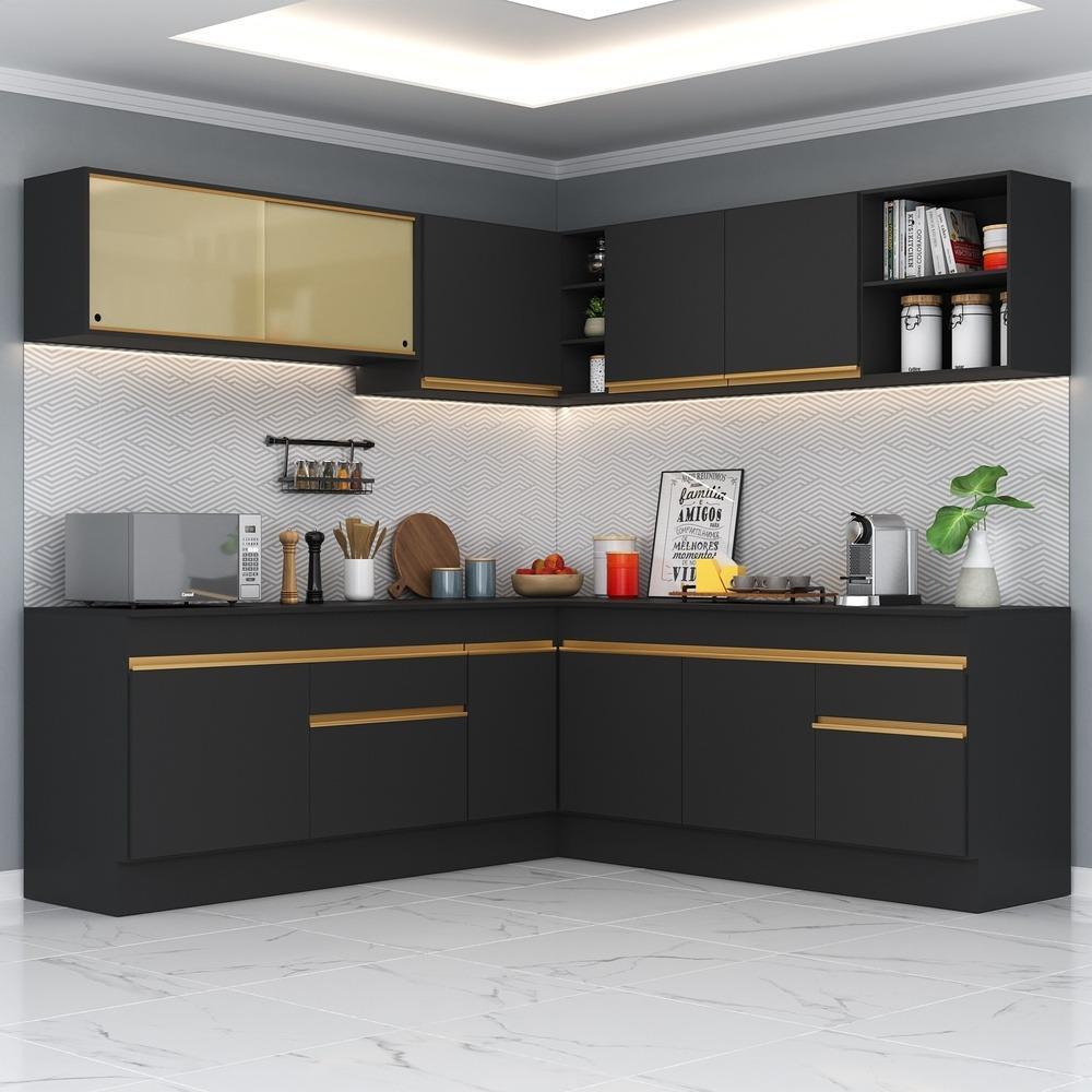 Armário de Cozinha Completa de Canto com Rodapé Veneza Multimóveis V2096  Preto/Dourado