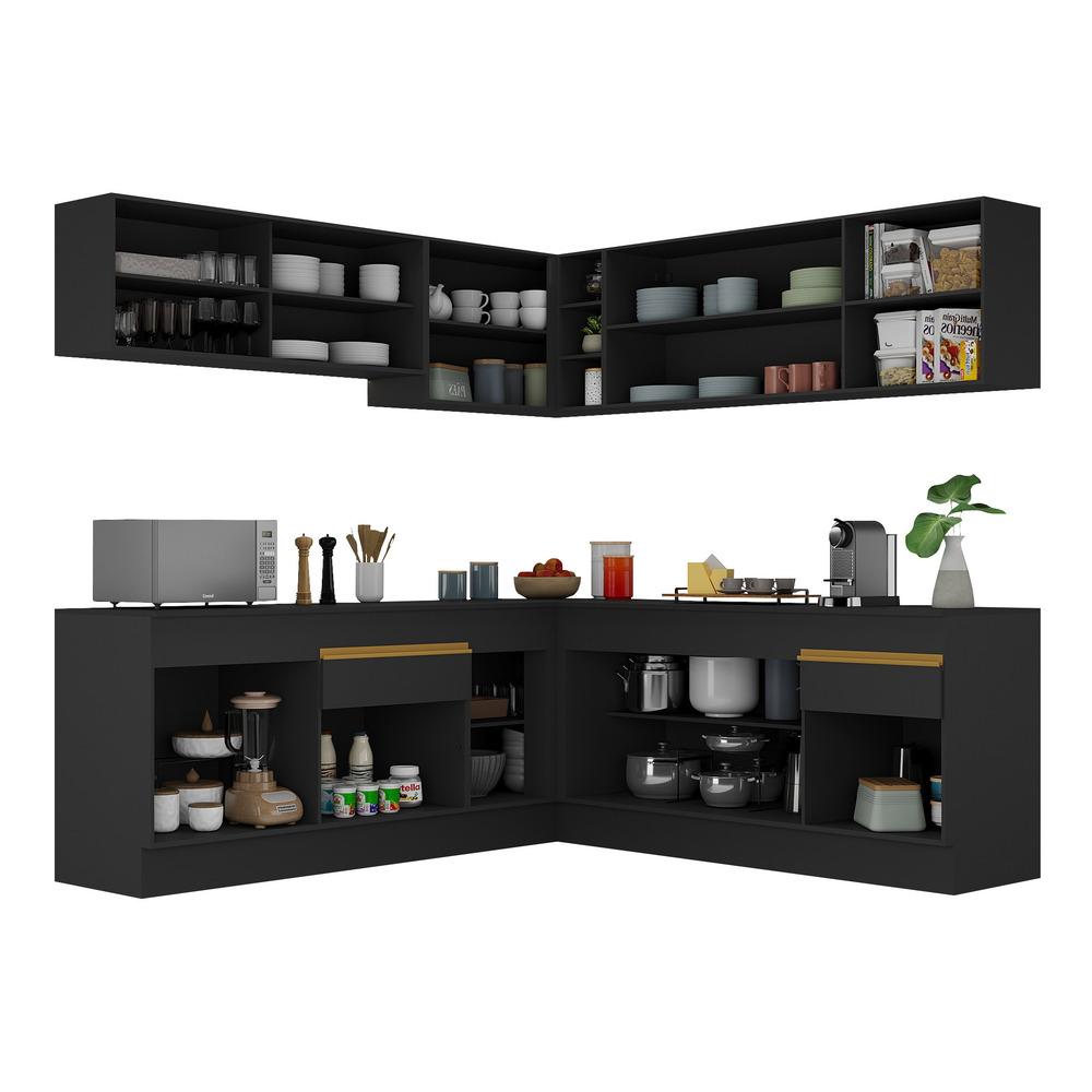 Armário de Cozinha Completa de Canto com Rodapé Veneza Multimóveis V2096  Preto/Dourado
