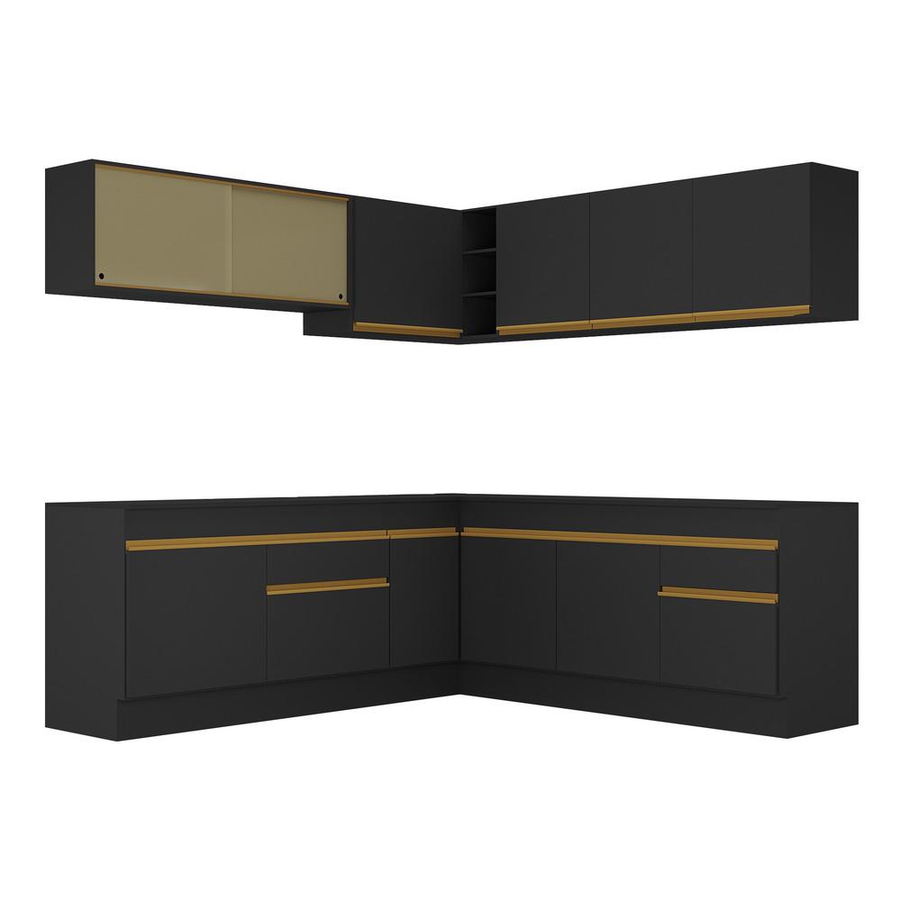 Armário de Cozinha Completa de Canto com Rodapé Veneza Multimóveis V2096  Preto/Dourado