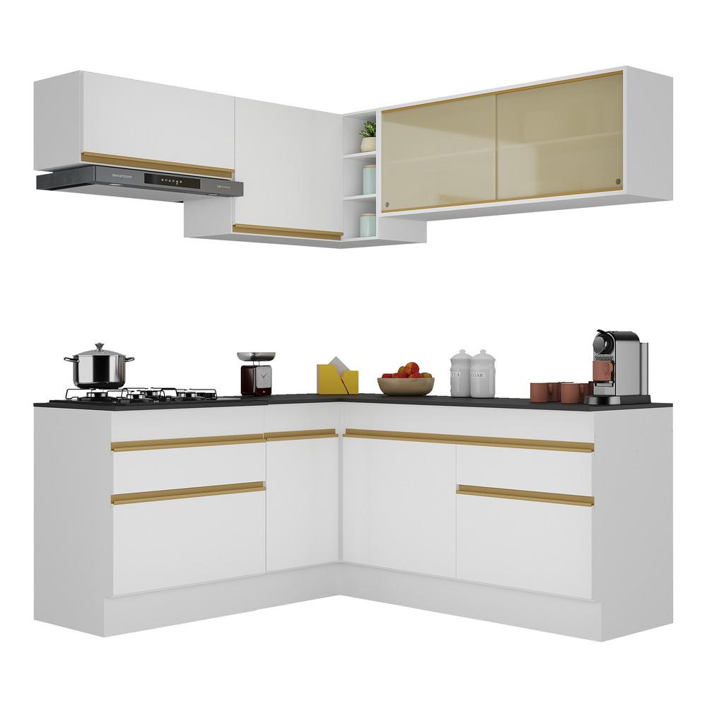 Armário de Cozinha Completa de Canto com Rodapé Veneza Multimóveis V2097  Branco/Dourado