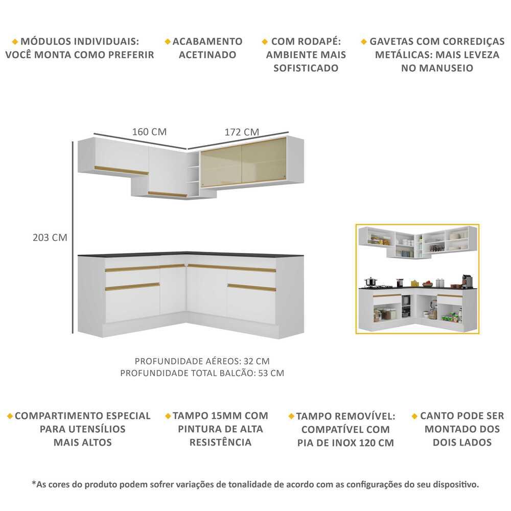 Armário de Cozinha Completa de Canto com Rodapé Veneza Multimóveis V2097  Branco/Dourado