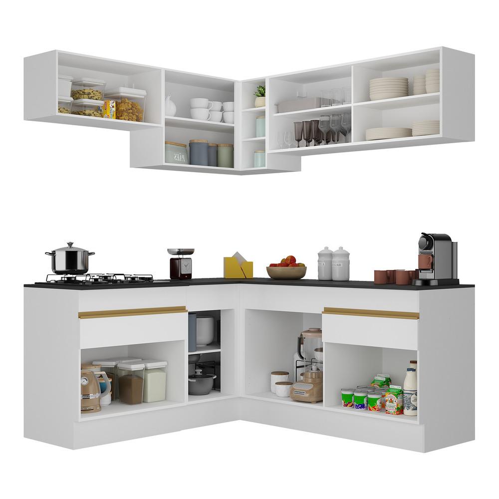 Armário de Cozinha Completa de Canto com Rodapé Veneza Multimóveis V2097  Branco/Dourado
