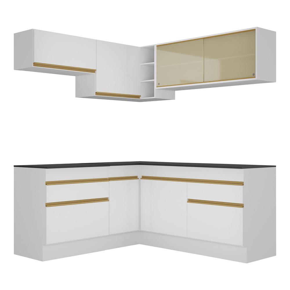 Armário de Cozinha Completa de Canto com Rodapé Veneza Multimóveis V2097  Branco/Dourado