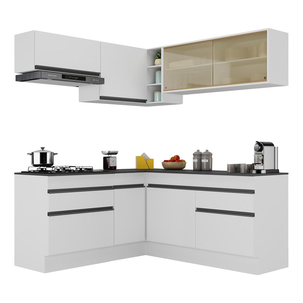 Armário de Cozinha Completa de Canto com Rodapé Veneza Multimóveis V2097  Branco/Preto