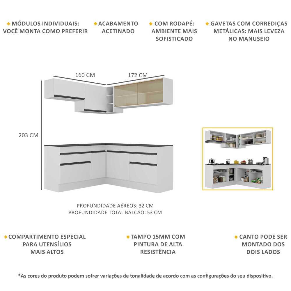 Armário de Cozinha Completa de Canto com Rodapé Veneza Multimóveis V2097  Branco/Preto