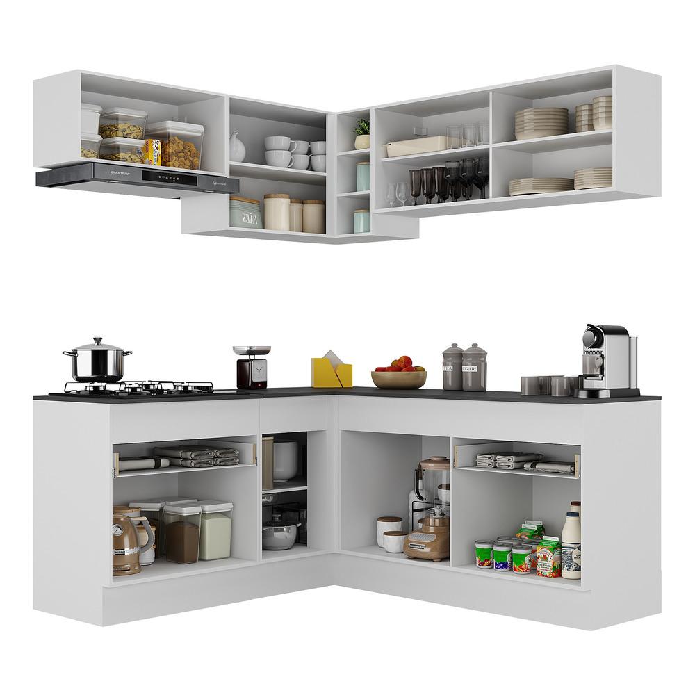 Armário de Cozinha Completa de Canto com Rodapé Veneza Multimóveis V2097  Branco/Preto