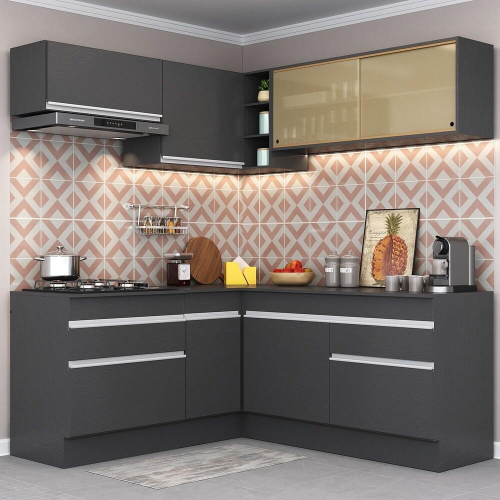 Armário de Cozinha Completa de Canto com Rodapé Veneza Multimóveis V2097  Preto/Branco