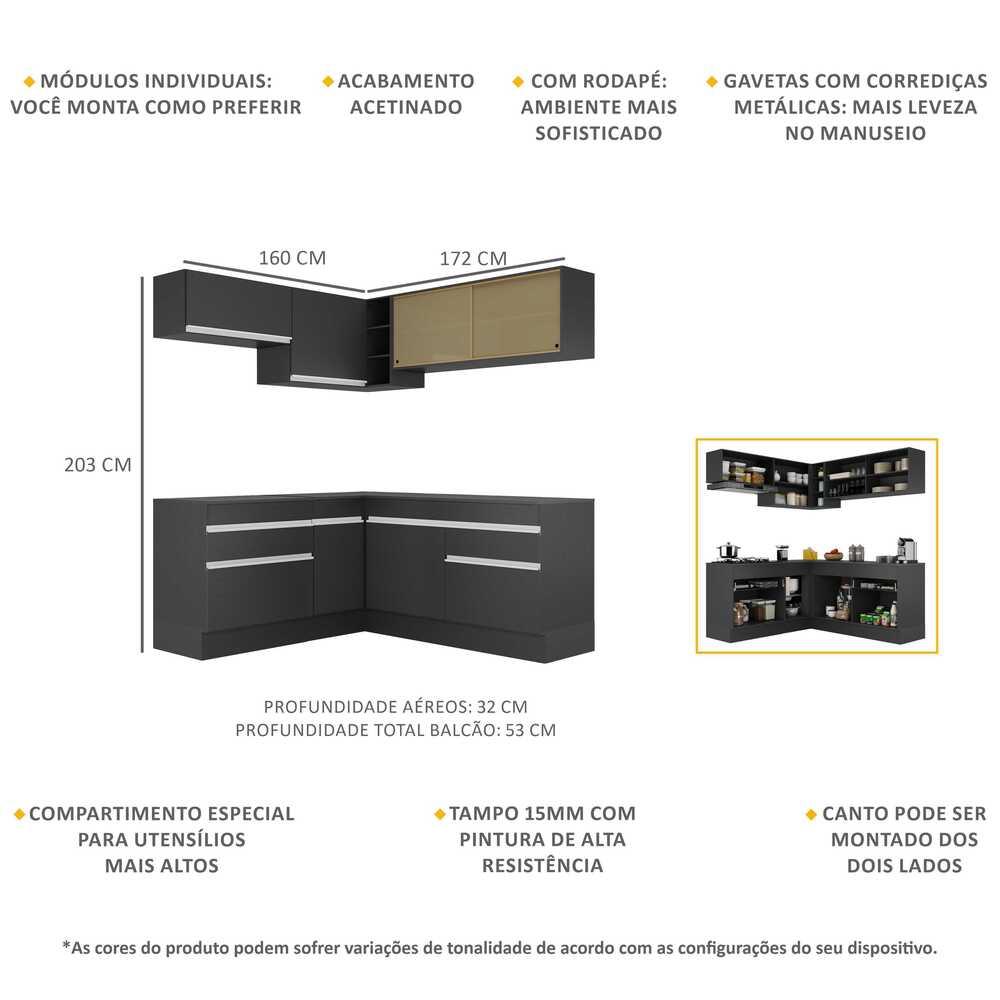 Armário de Cozinha Completa de Canto com Rodapé Veneza Multimóveis V2097  Preto/Branco