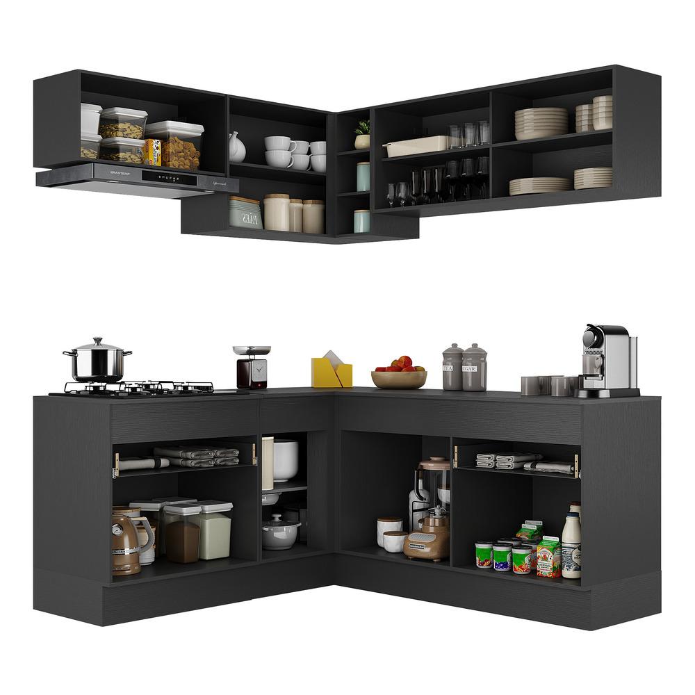 Armário de Cozinha Completa de Canto com Rodapé Veneza Multimóveis V2097  Preto/Branco