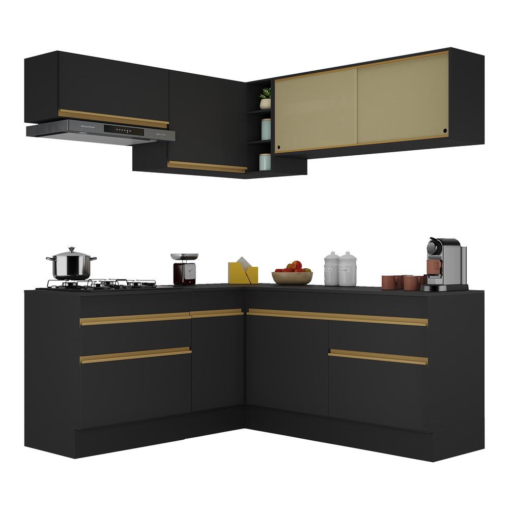 Armário de Cozinha Completa de Canto com Rodapé Veneza Multimóveis V2097  Preto/Dourado