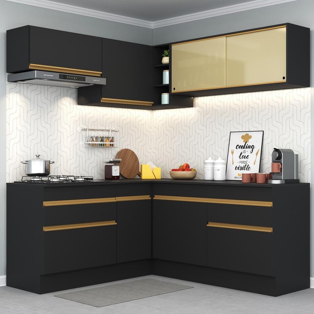 Armário de Cozinha Completa de Canto com Rodapé Veneza Multimóveis V2097  Preto/Dourado