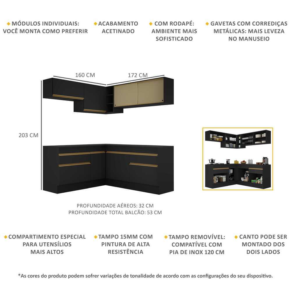 Armário de Cozinha Completa de Canto com Rodapé Veneza Multimóveis V2097  Preto/Dourado