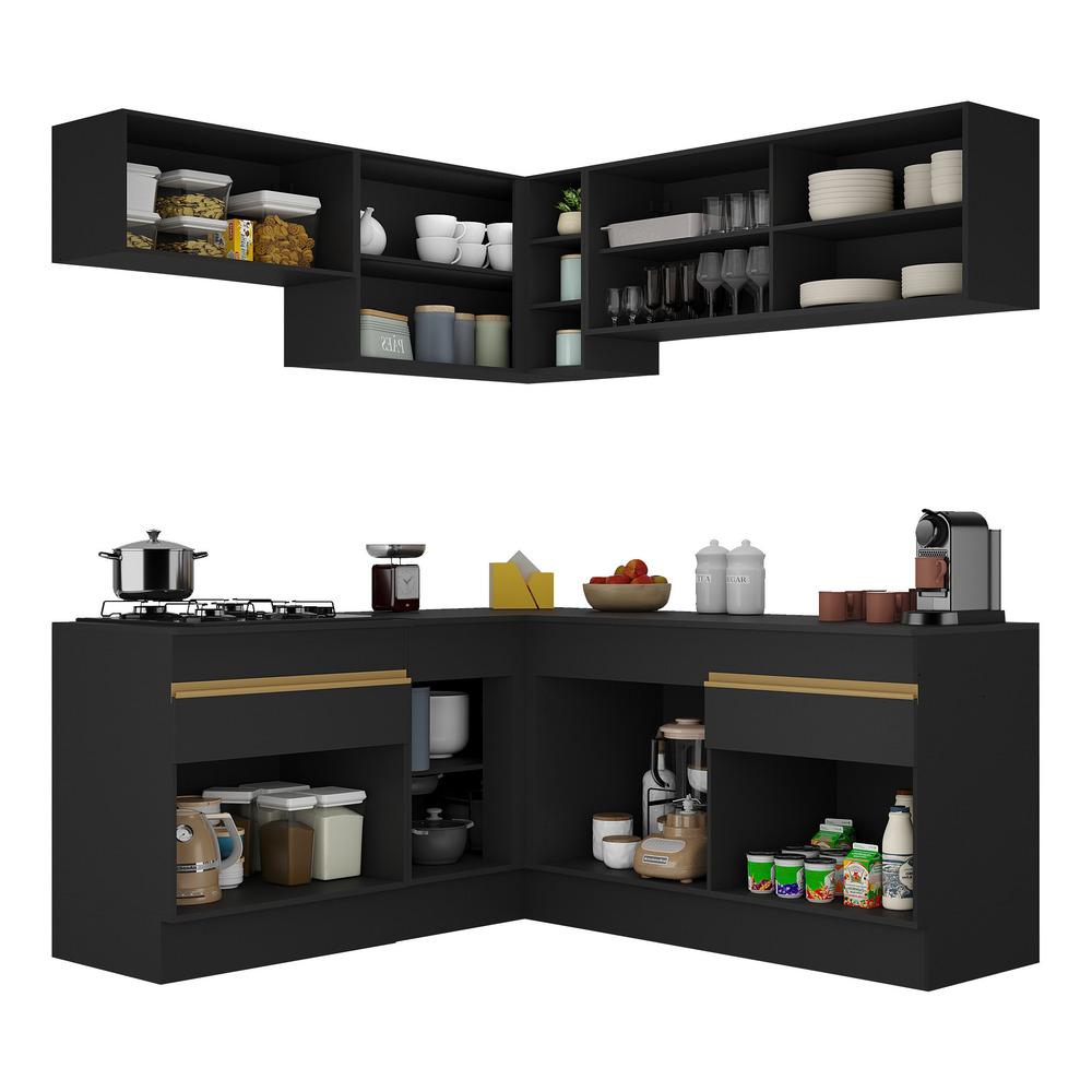 Armário de Cozinha Completa de Canto com Rodapé Veneza Multimóveis V2097  Preto/Dourado
