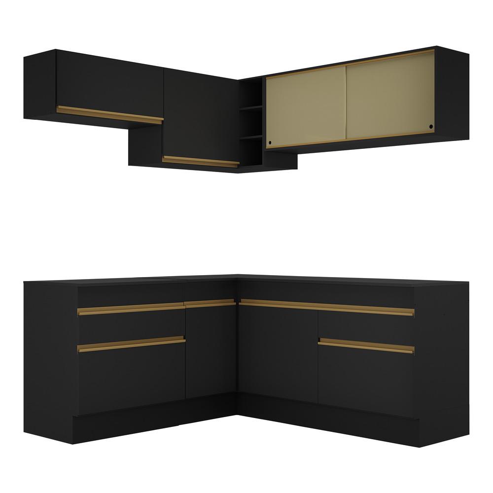 Armário de Cozinha Completa de Canto com Rodapé Veneza Multimóveis V2097  Preto/Dourado
