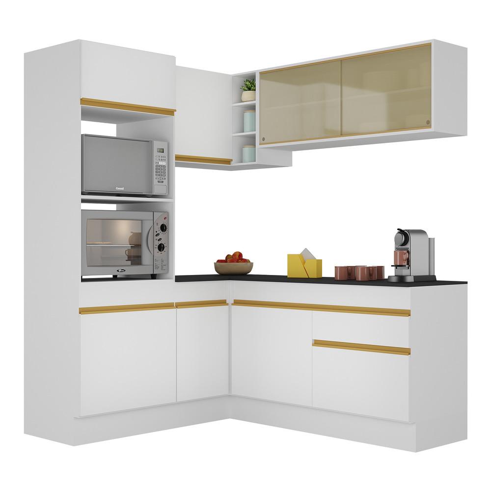 Armário de Cozinha Completa de Canto com Rodapé Veneza Multimóveis V2098  Branco/Dourado