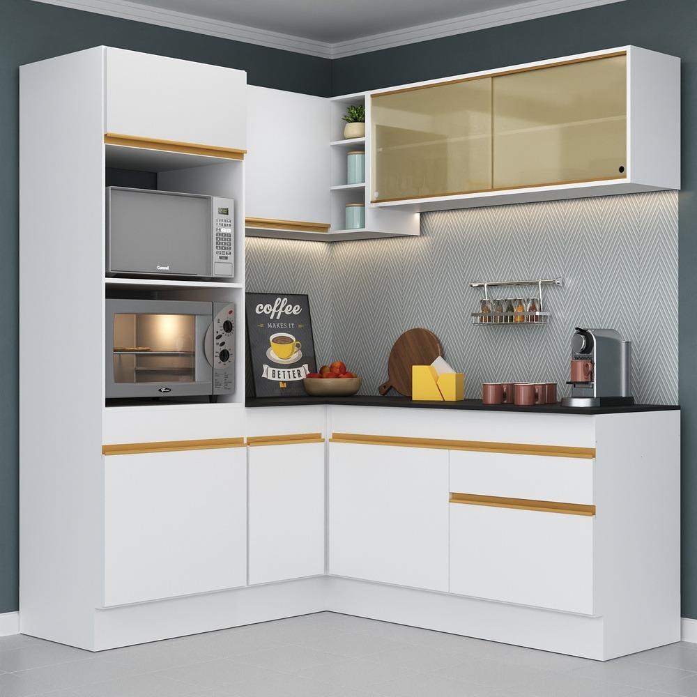 Armário de Cozinha Completa de Canto com Rodapé Veneza Multimóveis V2098  Branco/Dourado