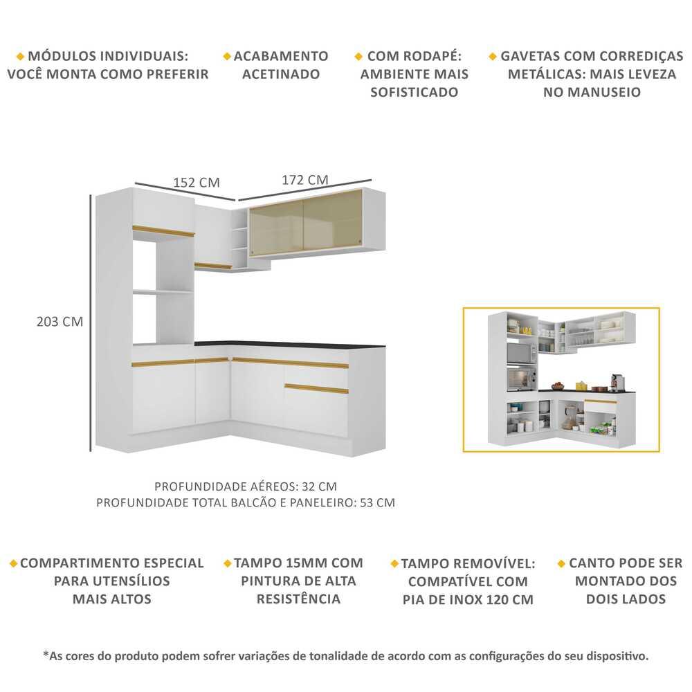Armário de Cozinha Completa de Canto com Rodapé Veneza Multimóveis V2098  Branco/Dourado