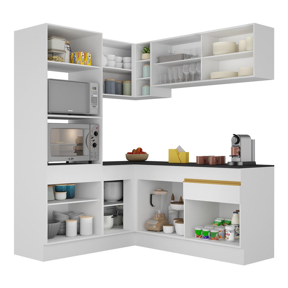 Armário de Cozinha Completa de Canto com Rodapé Veneza Multimóveis V2098  Branco/Dourado