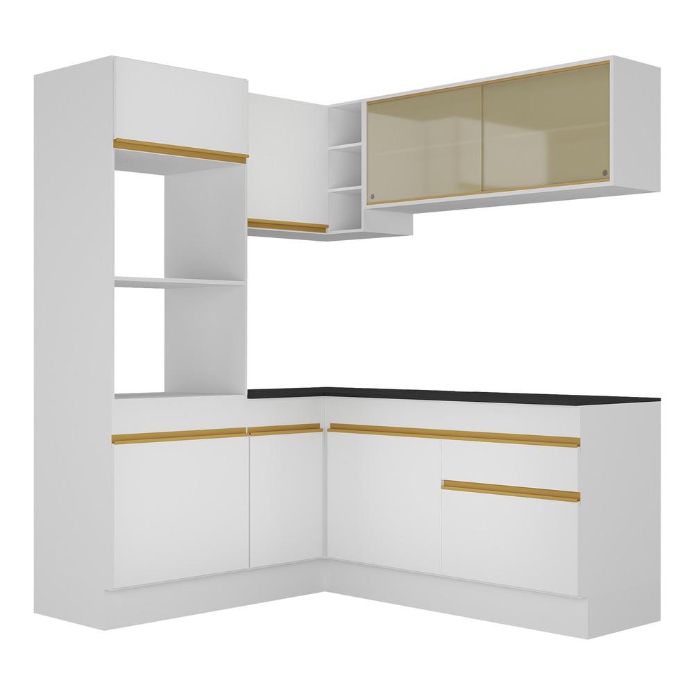 Armário de Cozinha Completa de Canto com Rodapé Veneza Multimóveis V2098  Branco/Dourado
