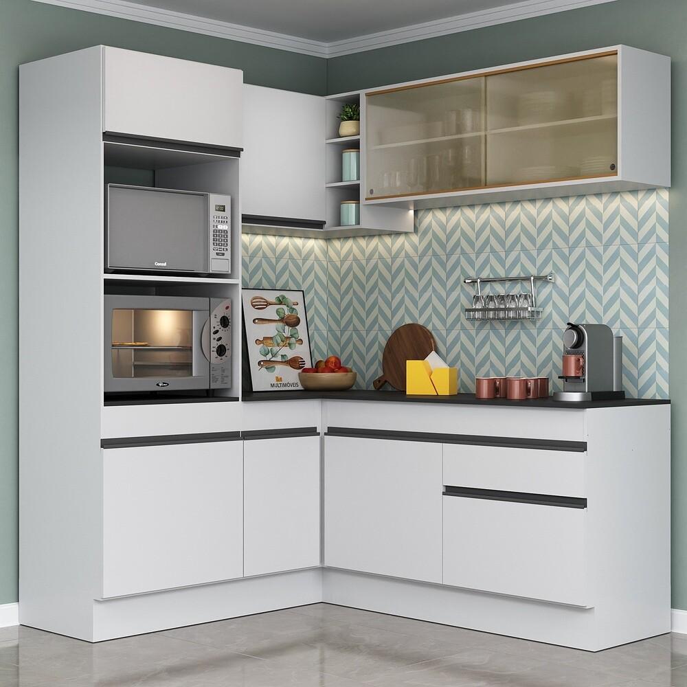 Armário de Cozinha Completa de Canto com Rodapé Veneza Multimóveis V2098  Branco/Preto