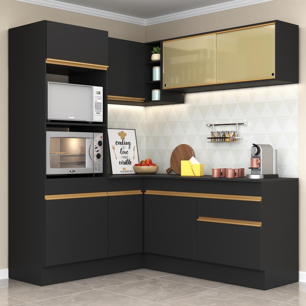 Armário de Cozinha Completa de Canto com Rodapé Veneza Multimóveis V2098  Preto/Dourado