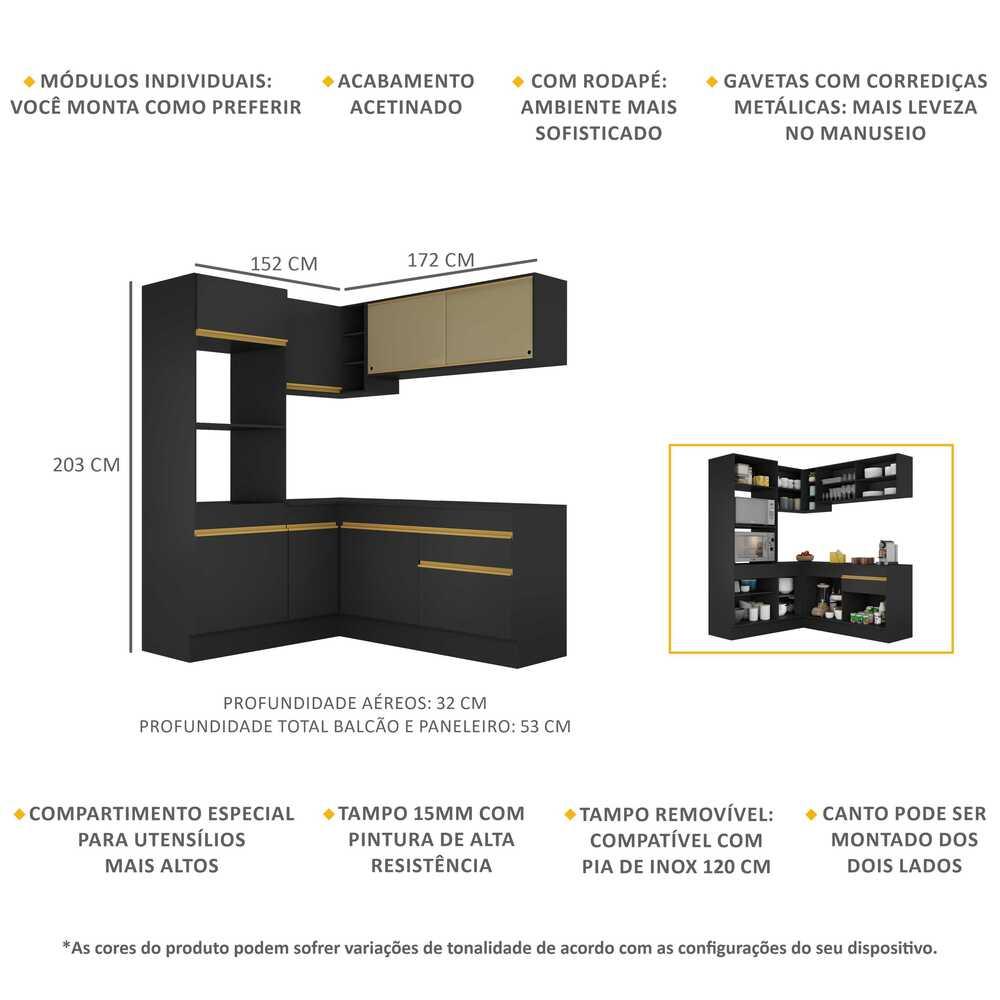 Armário de Cozinha Completa de Canto com Rodapé Veneza Multimóveis V2098  Preto/Dourado