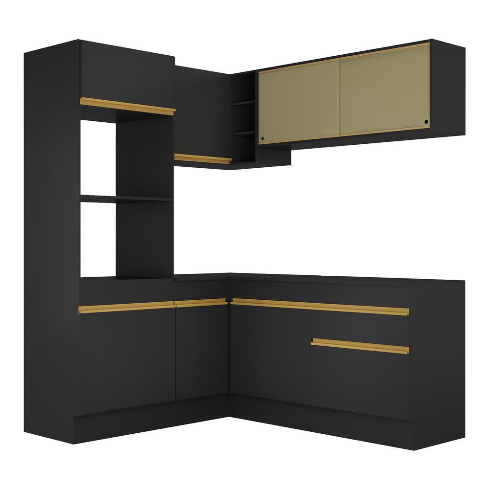 Armário de Cozinha Completa de Canto com Rodapé Veneza Multimóveis V2098  Preto/Dourado