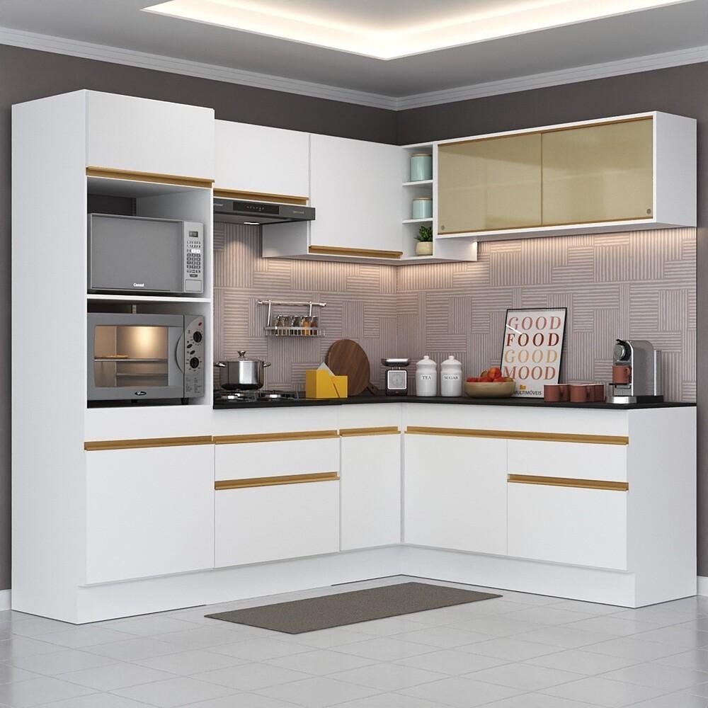 Armário de Cozinha Completa de Canto com Rodapé Veneza Multimóveis V2099  Branco/Dourado