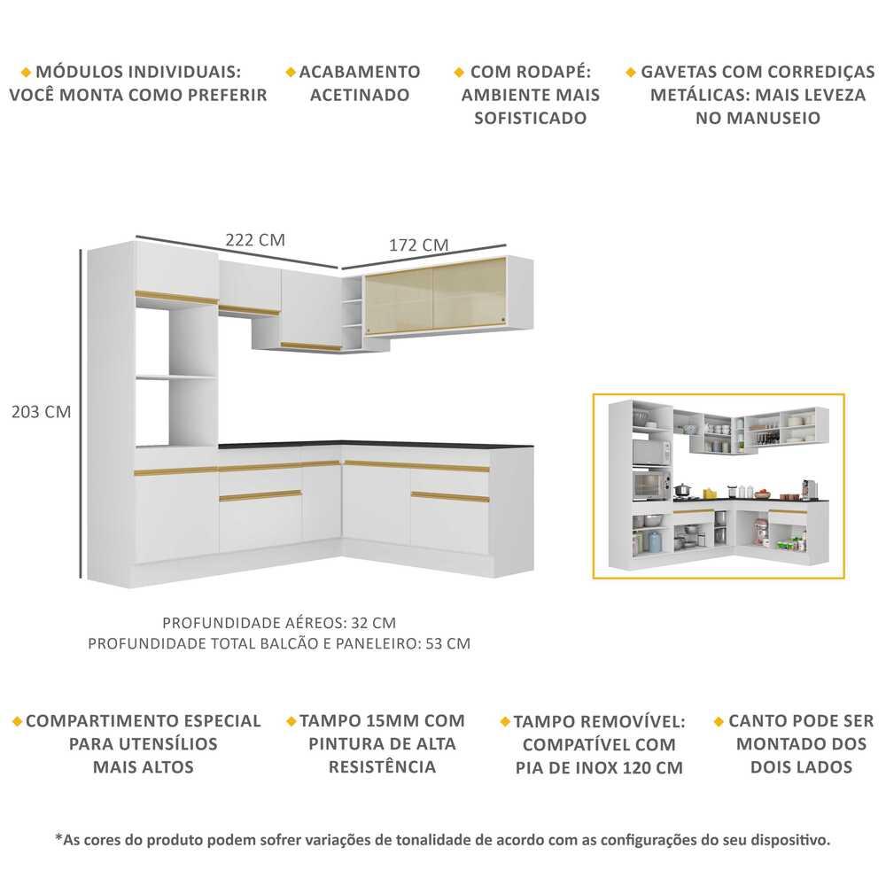 Armário de Cozinha Completa de Canto com Rodapé Veneza Multimóveis V2099  Branco/Dourado