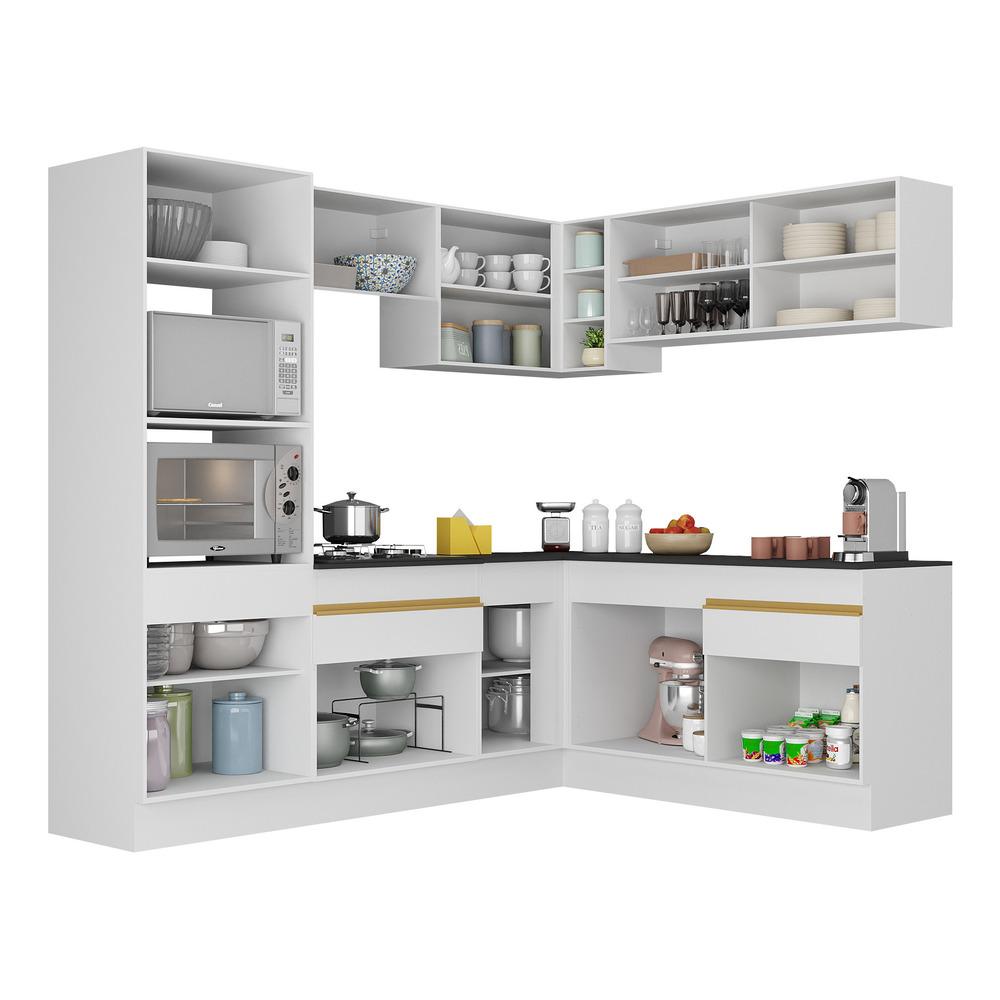 Armário de Cozinha Completa de Canto com Rodapé Veneza Multimóveis V2099  Branco/Dourado