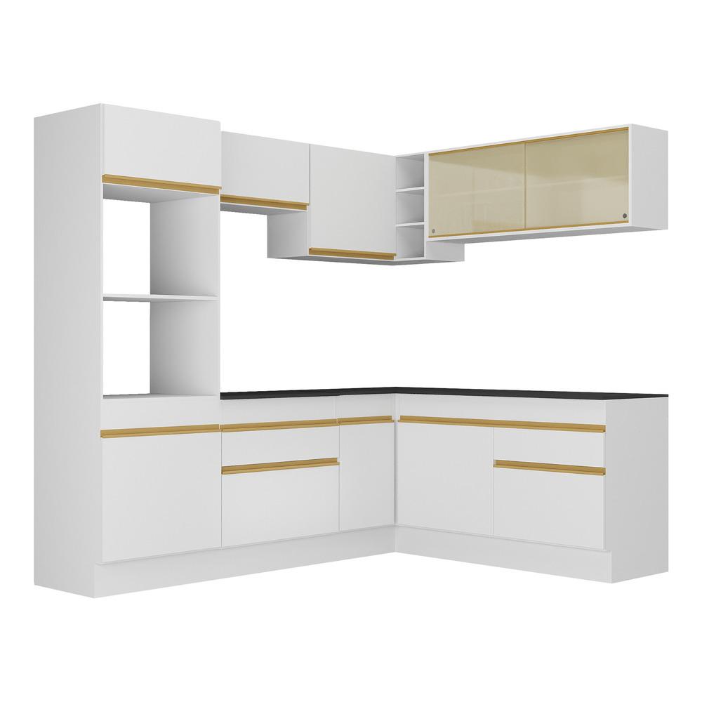 Armário de Cozinha Completa de Canto com Rodapé Veneza Multimóveis V2099  Branco/Dourado