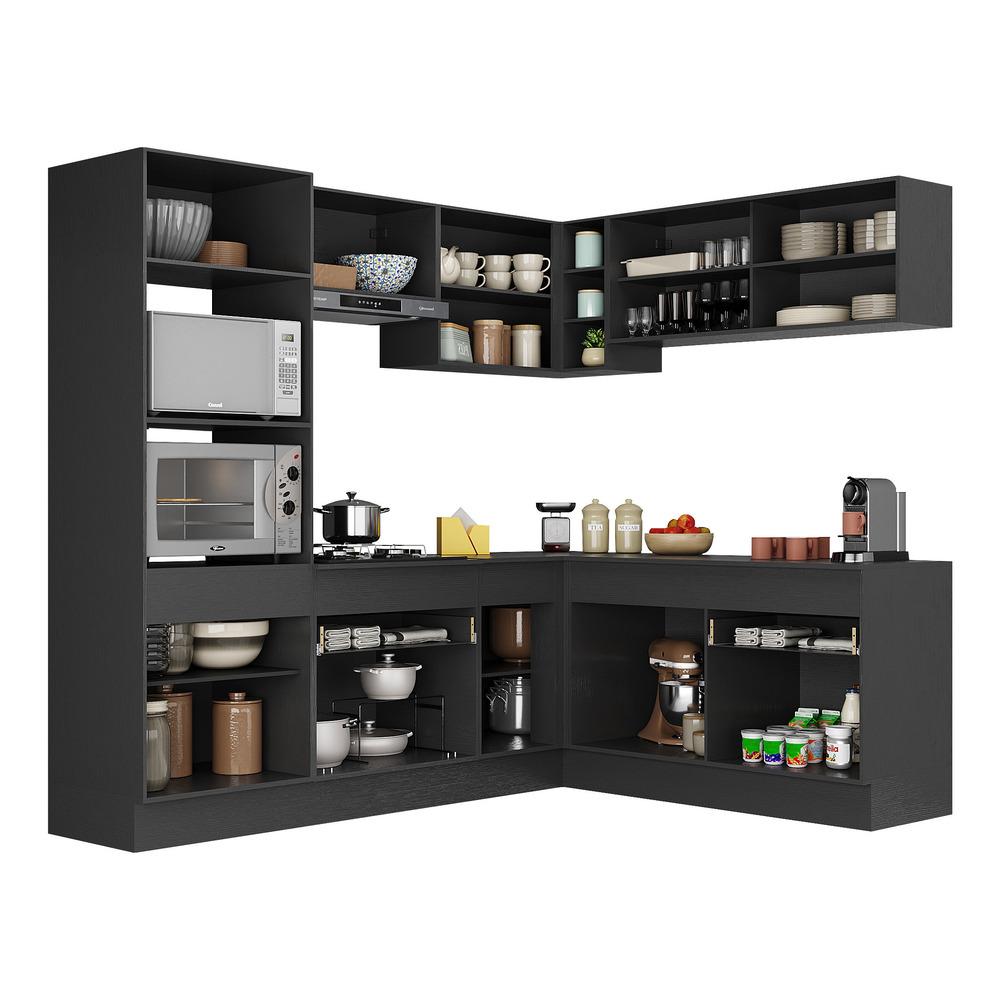 Armário de Cozinha Completa de Canto com Rodapé Veneza Multimóveis V2099  Preto/Branco