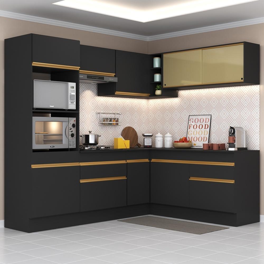 Armário de Cozinha Completa de Canto com Rodapé Veneza Multimóveis V2099  Preto/Dourado