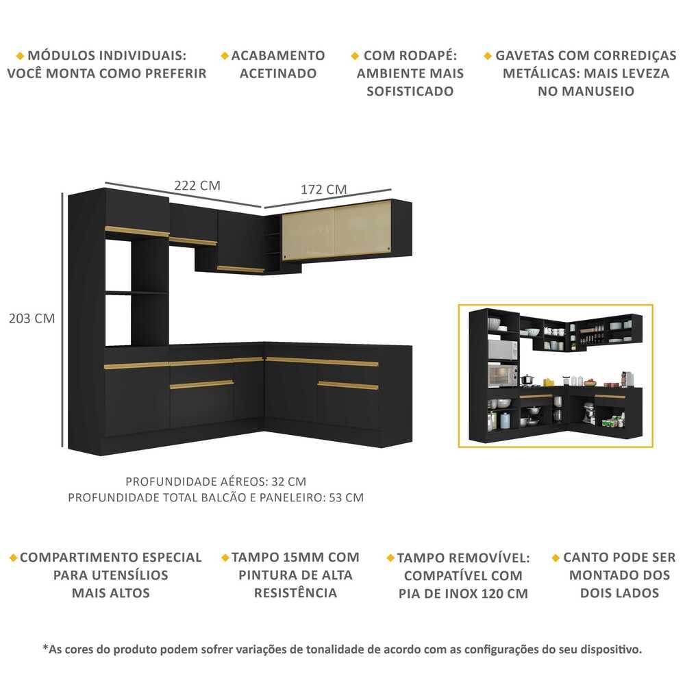 Armário de Cozinha Completa de Canto com Rodapé Veneza Multimóveis V2099  Preto/Dourado