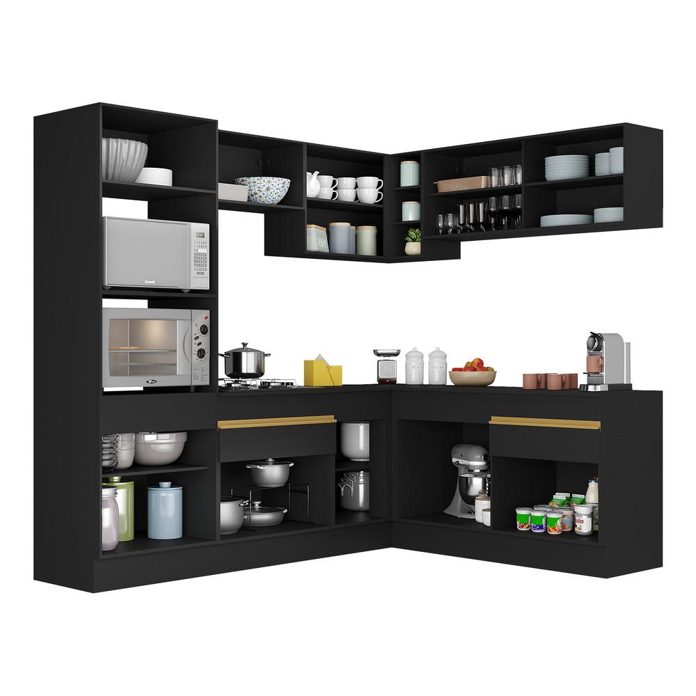 Armário de Cozinha Completa de Canto com Rodapé Veneza Multimóveis V2099  Preto/Dourado
